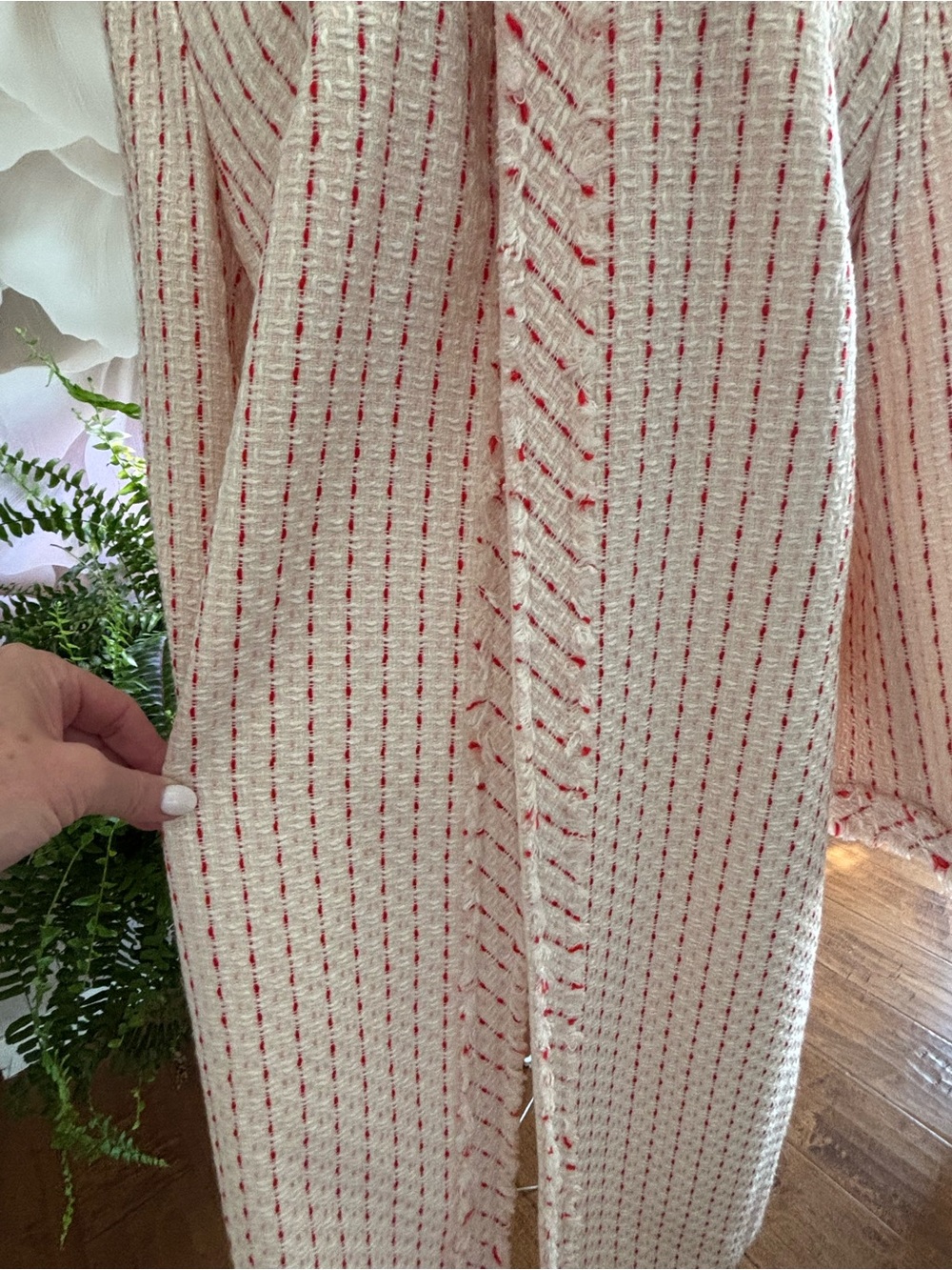 Anne Klein Soft Pink Textured Long Coat with Subtle Red Accents - Picture 13 of 16